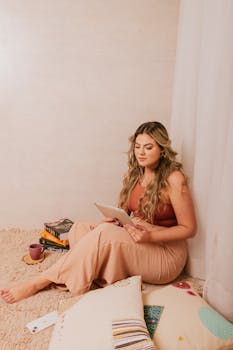Woman relaxing and reading on a tablet with coffee and books by her side in a cozy room.